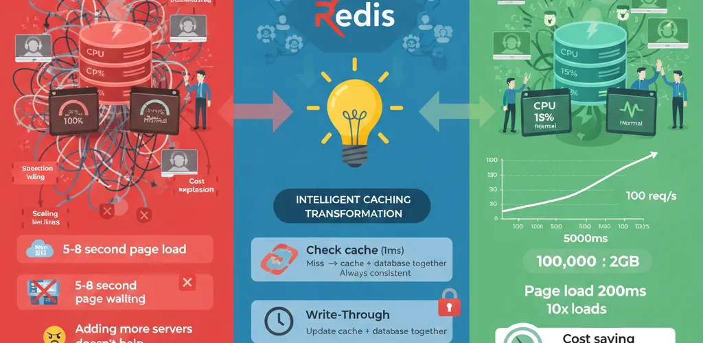 Blog post image for Redis Caching Patterns: Cache-Aside, Write-Through & Cache Invalidation - Master production-ready Redis caching patterns with practical examples. Learn cache-aside (lazy loading), write-through, consistency patterns, TTL strategies, and cache invalidation techniques to reduce database load and improve application performance.