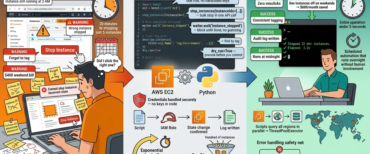 Blog post image for AWS EC2 Instance Management with Boto3: Start, Stop, and Query Instances - Learn how to automate AWS EC2 instance management using Python and Boto3. This guide covers authentication with IAM roles, starting and stopping instances, using waiters, filtering by tags, running bulk operations, and handling API errors. Practical code examples included for DevOps engineers and cloud developers