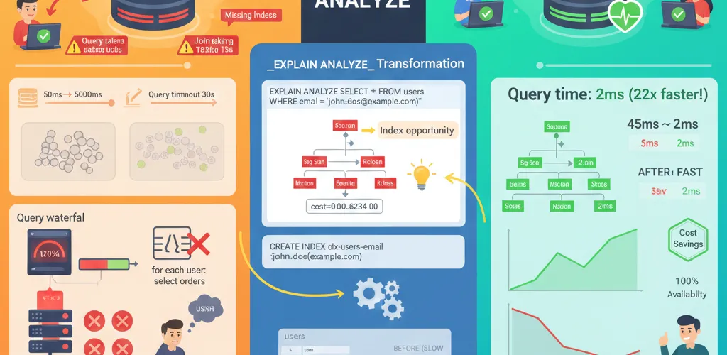 Blog post image for PostgreSQL Query Optimization: Indexes, EXPLAIN ANALYZE & Execution Plans - Master PostgreSQL query optimization with practical examples. Learn EXPLAIN ANALYZE interpretation, effective index strategies, query rewriting, and connection pooling to identify and fix slow queries in production microservices.